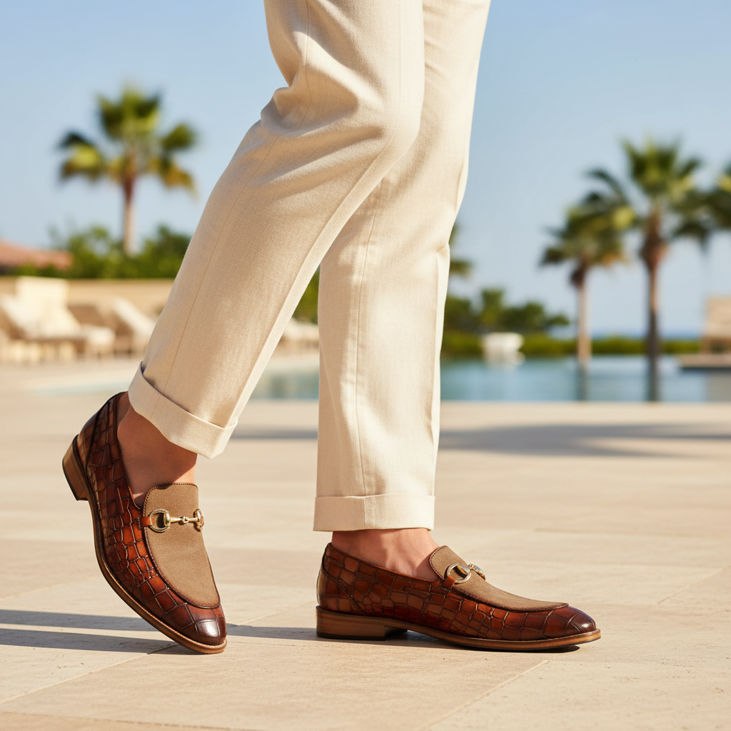Luxury lifestyle image featuring the Tobias Croc-Embossed and Suede Bit Loafers handcrafted by Marvel Leather and worn in an upscale smart-casual setting.