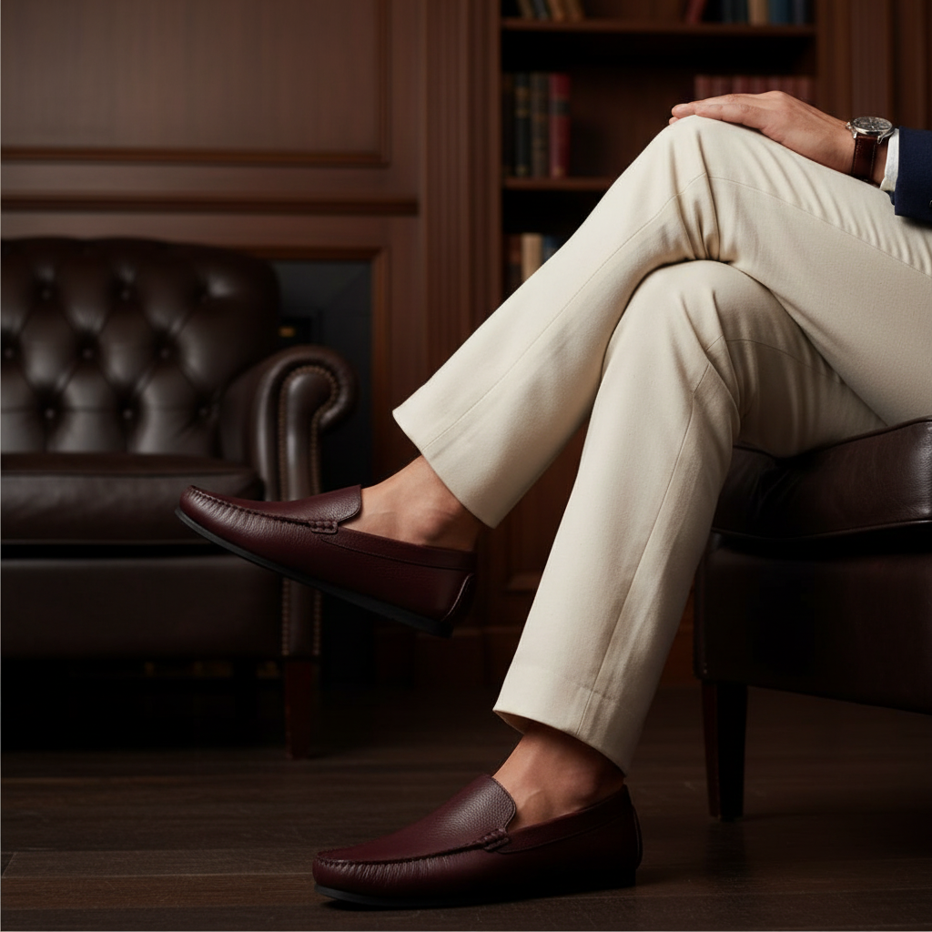 Luxury handmade classic leather loafers styled with tailored trousers in an old money setting