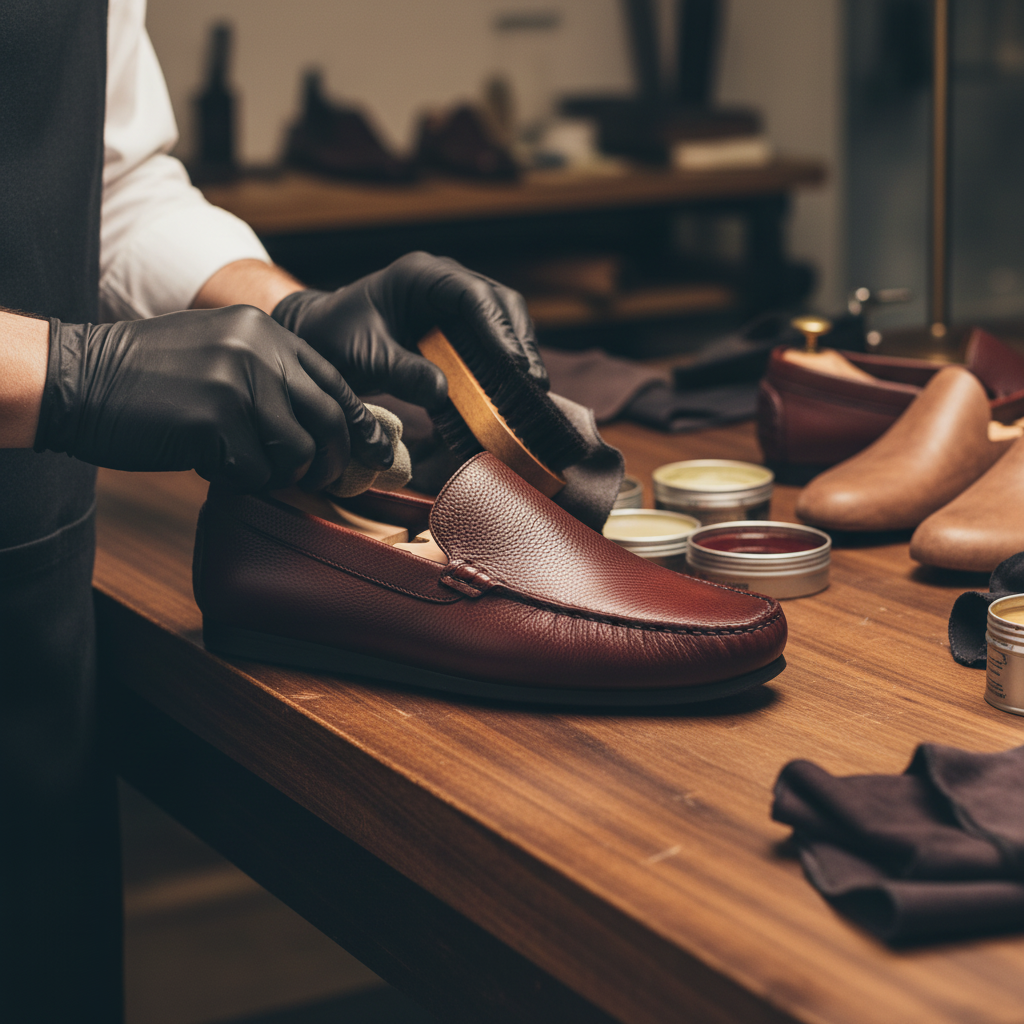 Skilled artisan applying premium wax and hand polishing luxury classic leather loafers