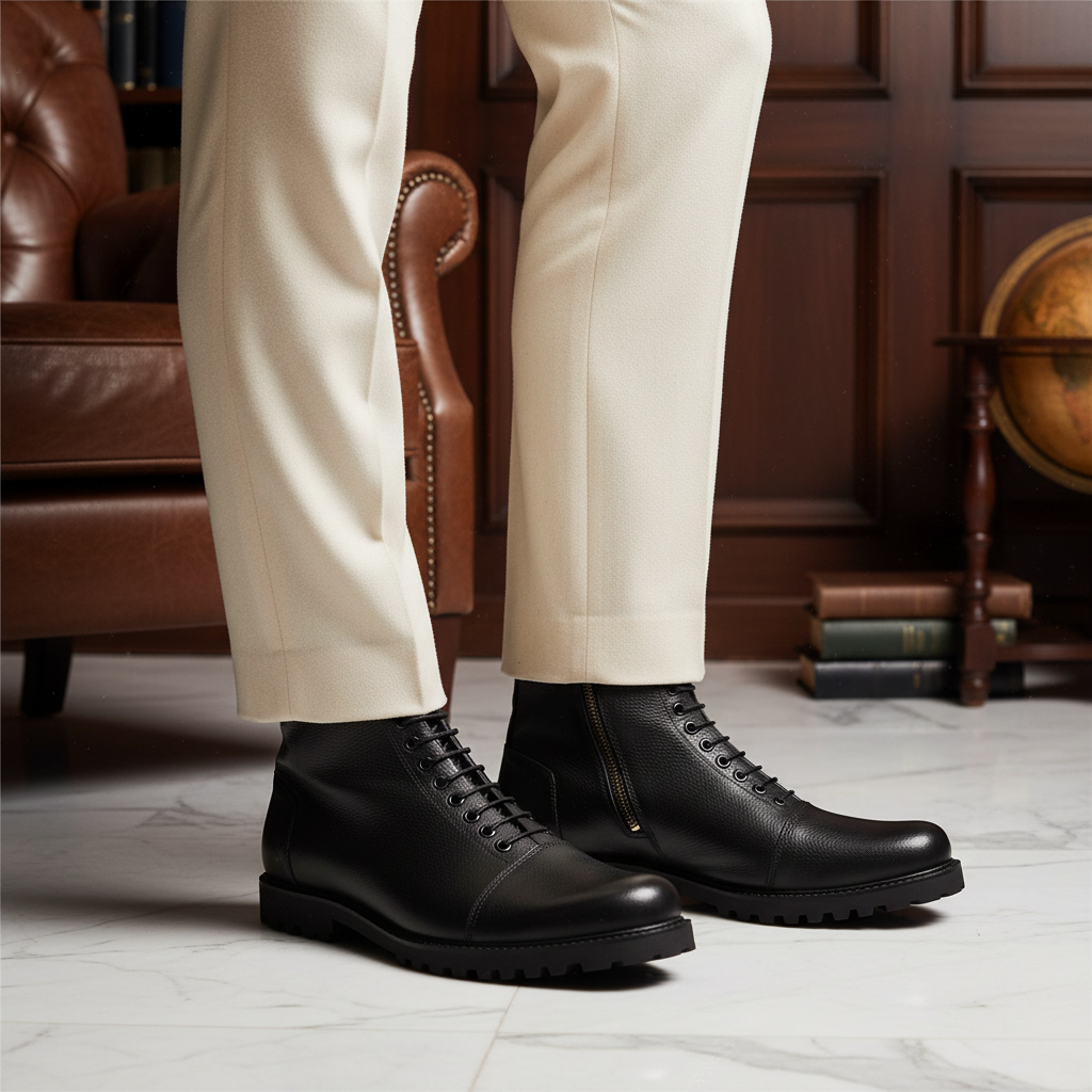 Luxury handmade classic combat boots styled with tailored trousers in an elite old money setting