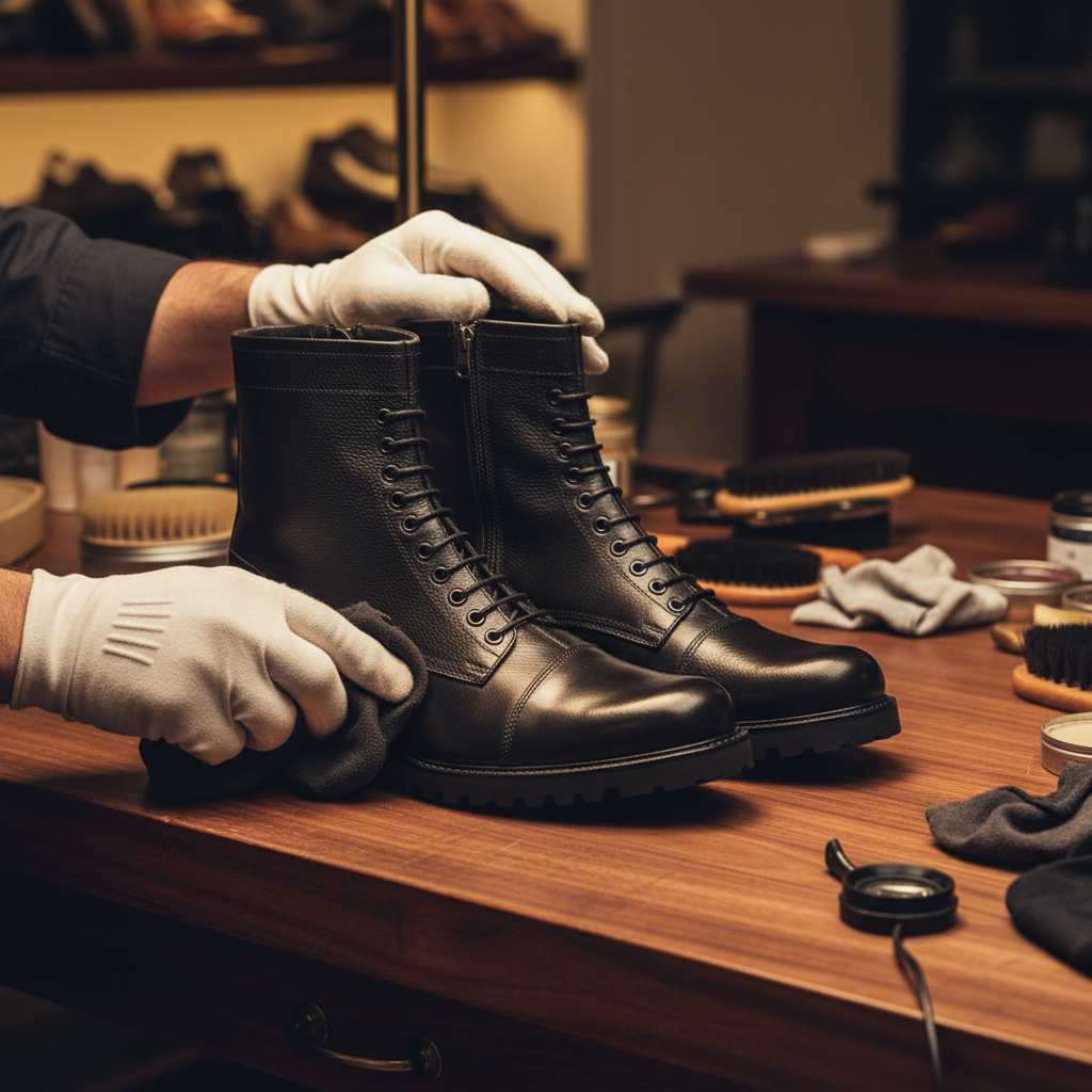 Skilled artisan applying premium wax and hand polishing luxury classic combat leather boots