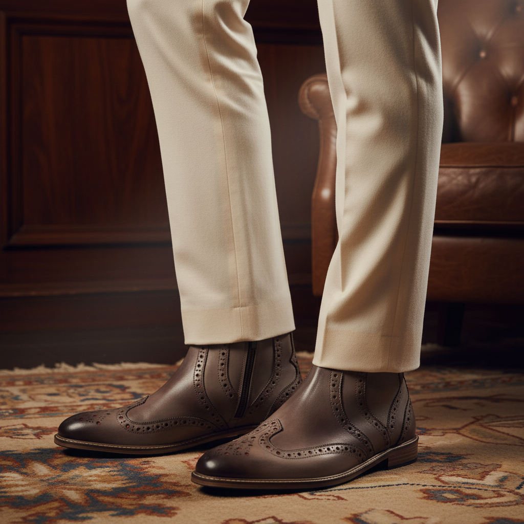 Luxury handmade two tone brogue Chelsea boots styled with tailored trousers in an elite old money setting