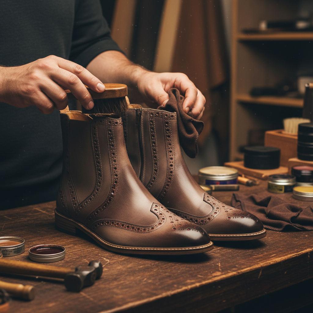 Skilled artisan applying premium wax and hand polishing luxury two tone brogue Chelsea boots