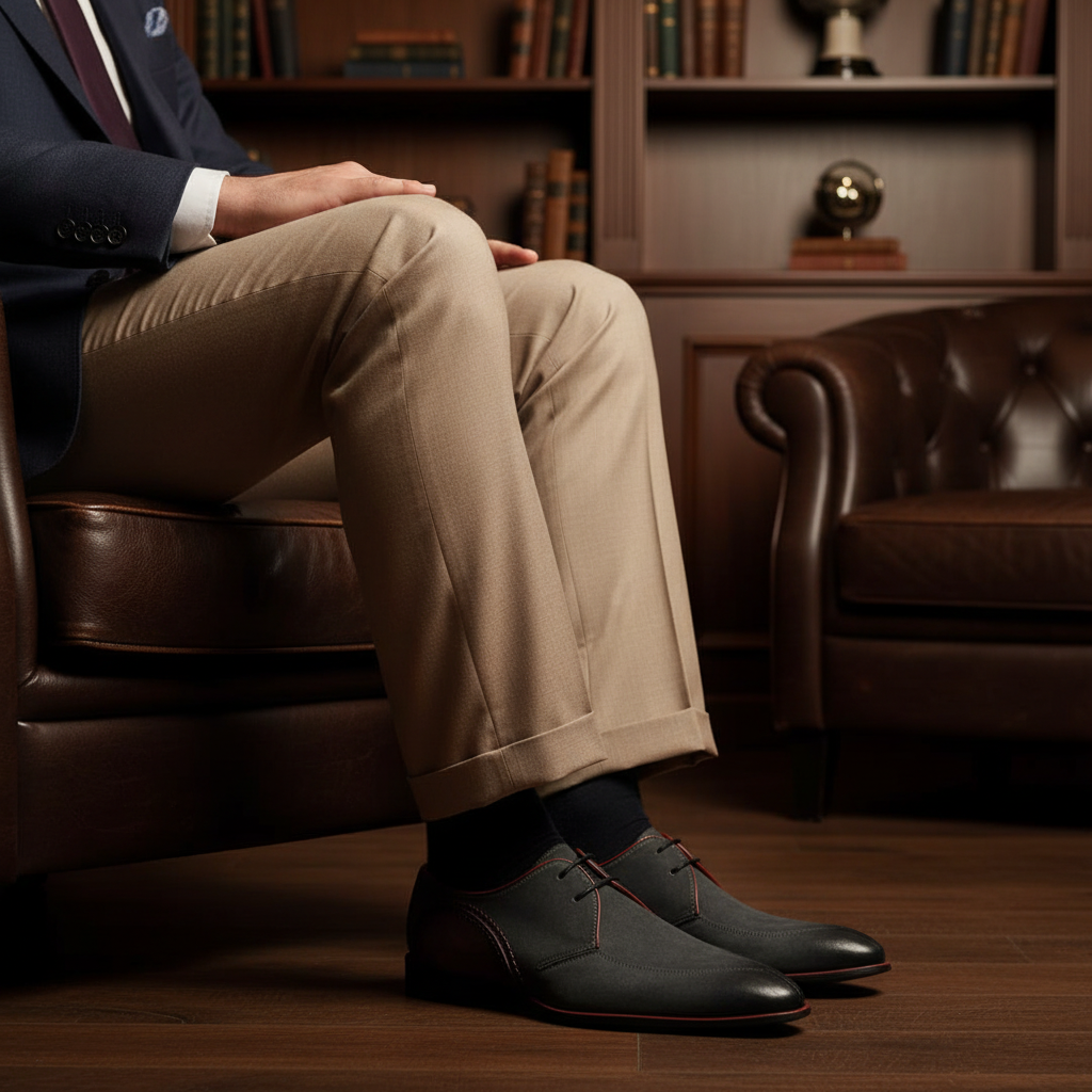 Luxury handmade two-tone suede derby shoes styled with tailored trousers in an old money setting