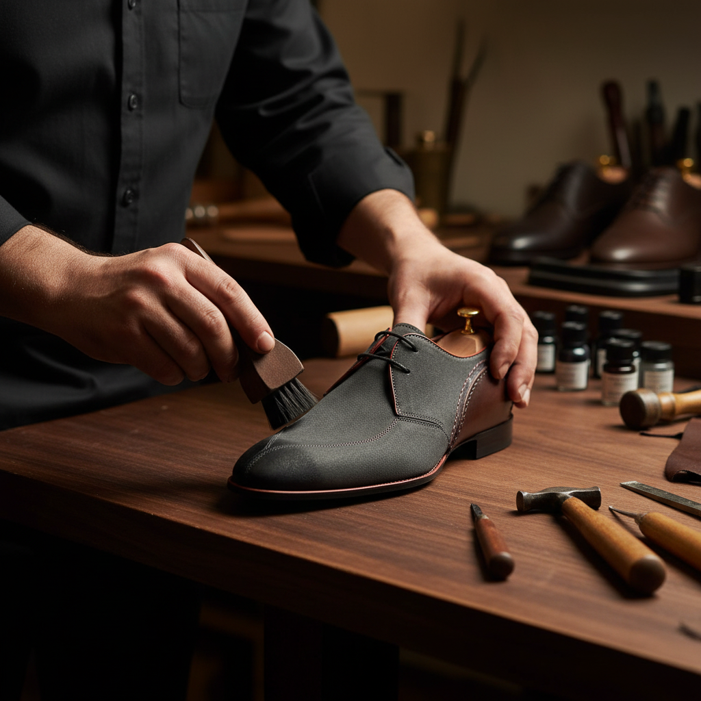 Skilled artisan applying premium suede brush and finishing treatment to luxury two-tone suede derby shoes