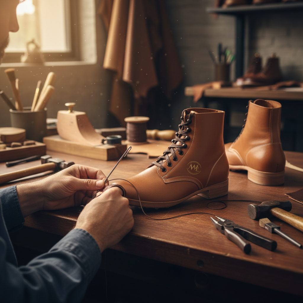 Experienced artisan handcrafting luxury Vanguard bespoke ankle boots using traditional shoemaking techniques