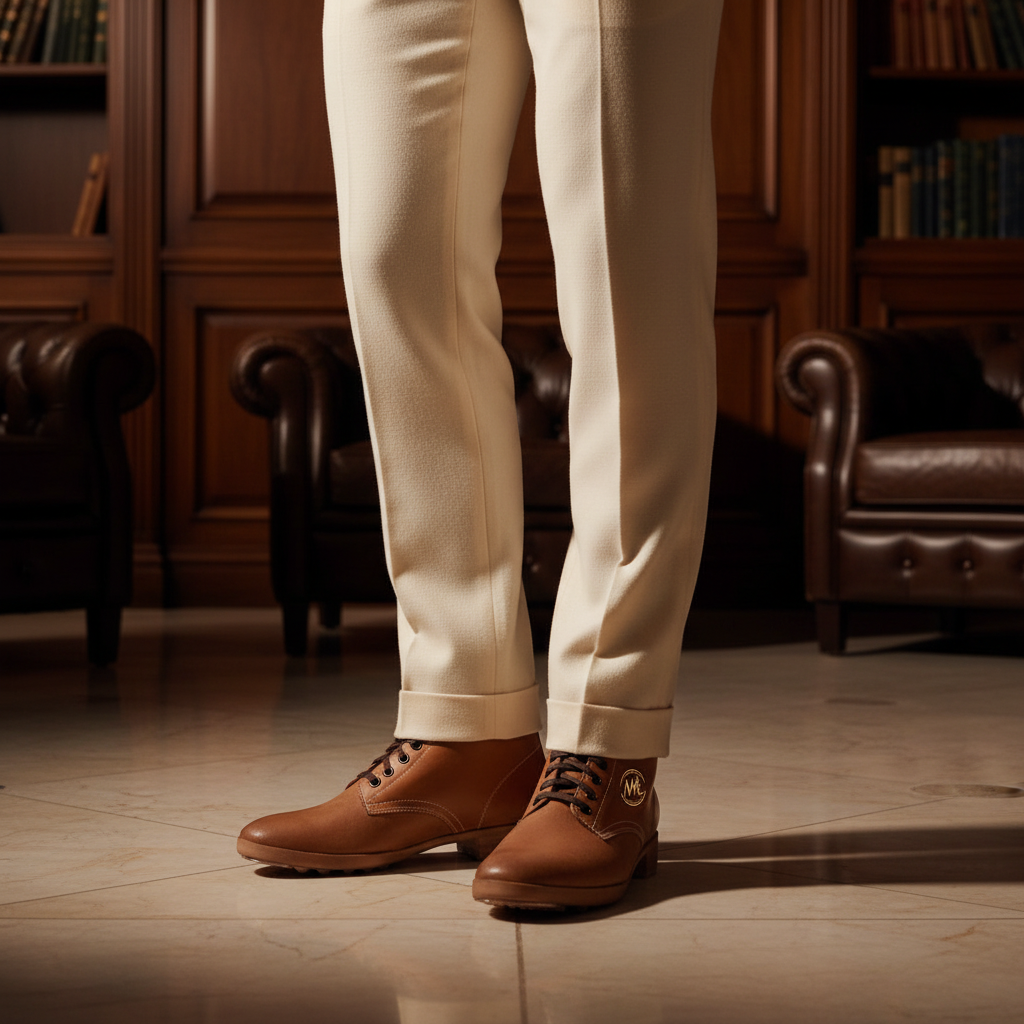 Luxury handmade Vanguard bespoke ankle boots styled with tailored trousers in an elite old money setting