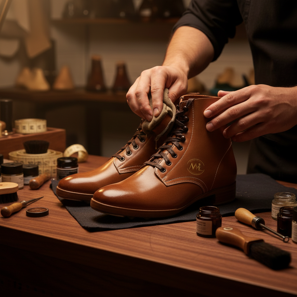Skilled artisan applying premium wax and hand polishing luxury Vanguard bespoke ankle boots