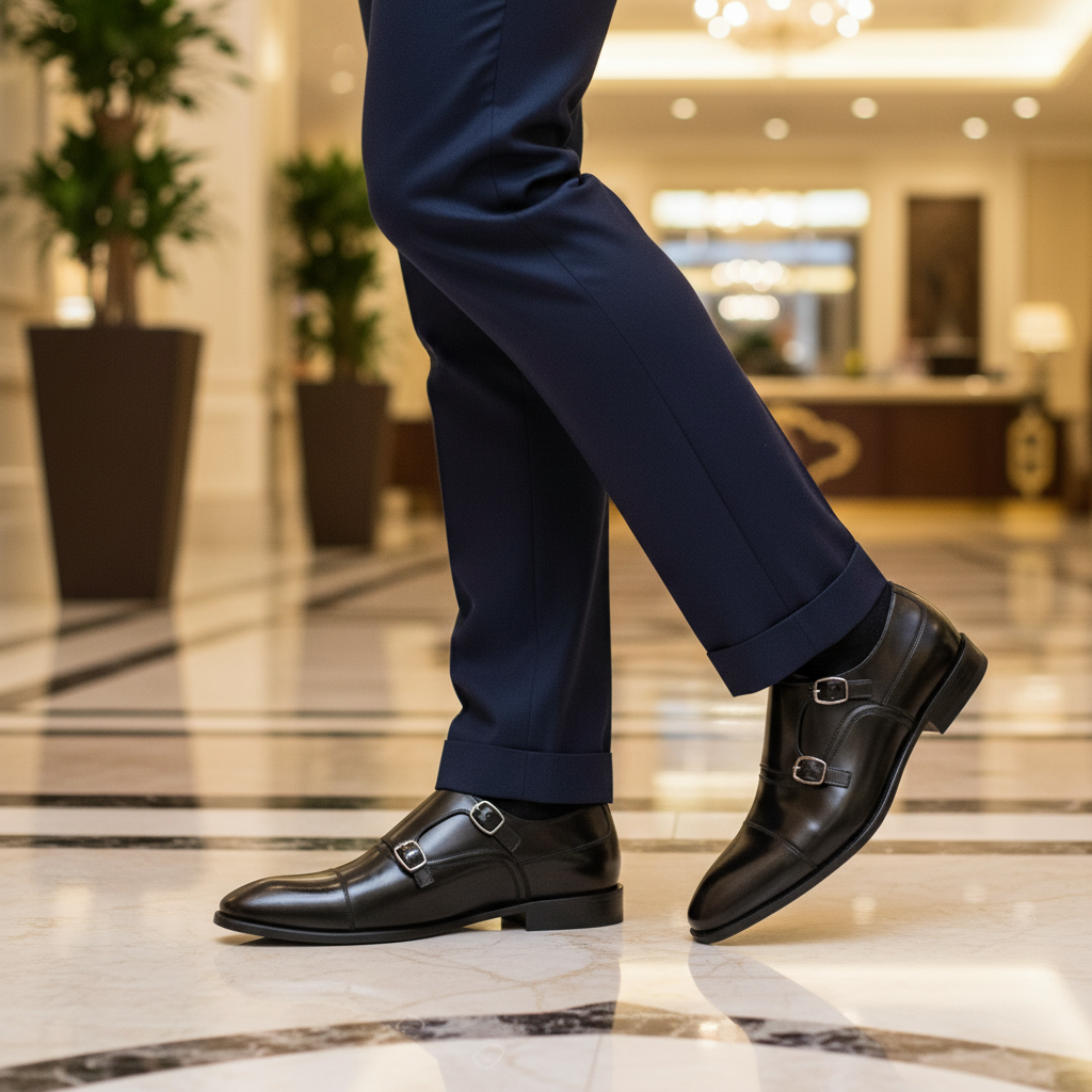Luxury lifestyle image featuring the Vencel Glossy Double Monk Strap Shoes handcrafted by Marvel Leather and worn in an upscale smart-casual setting.