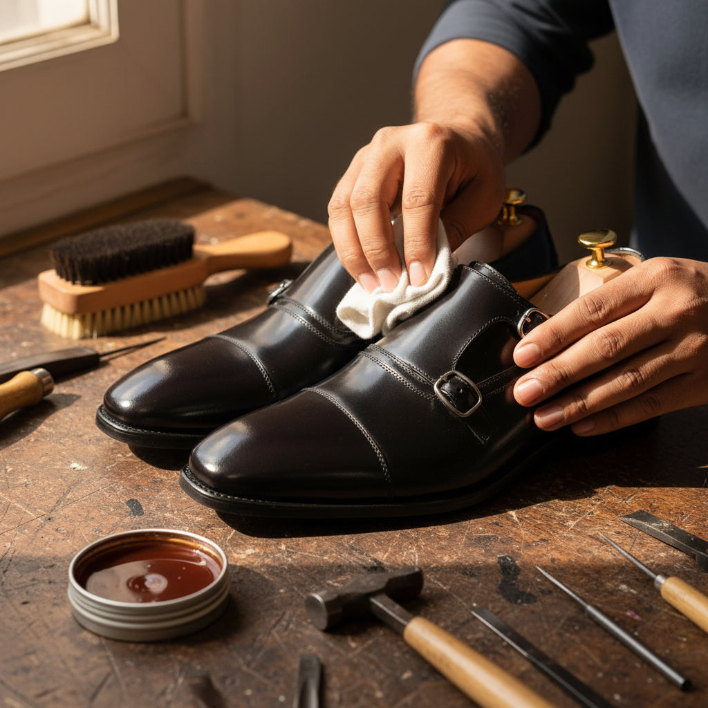 Artisan hand polishing the Vencel Glossy Double Monk Strap Shoes with premium wax during the final finishing process at Marvel Leather.