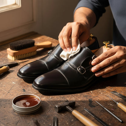 Artisan hand polishing the Vencel Glossy Double Monk Strap Shoes with premium wax during the final finishing process at Marvel Leather.