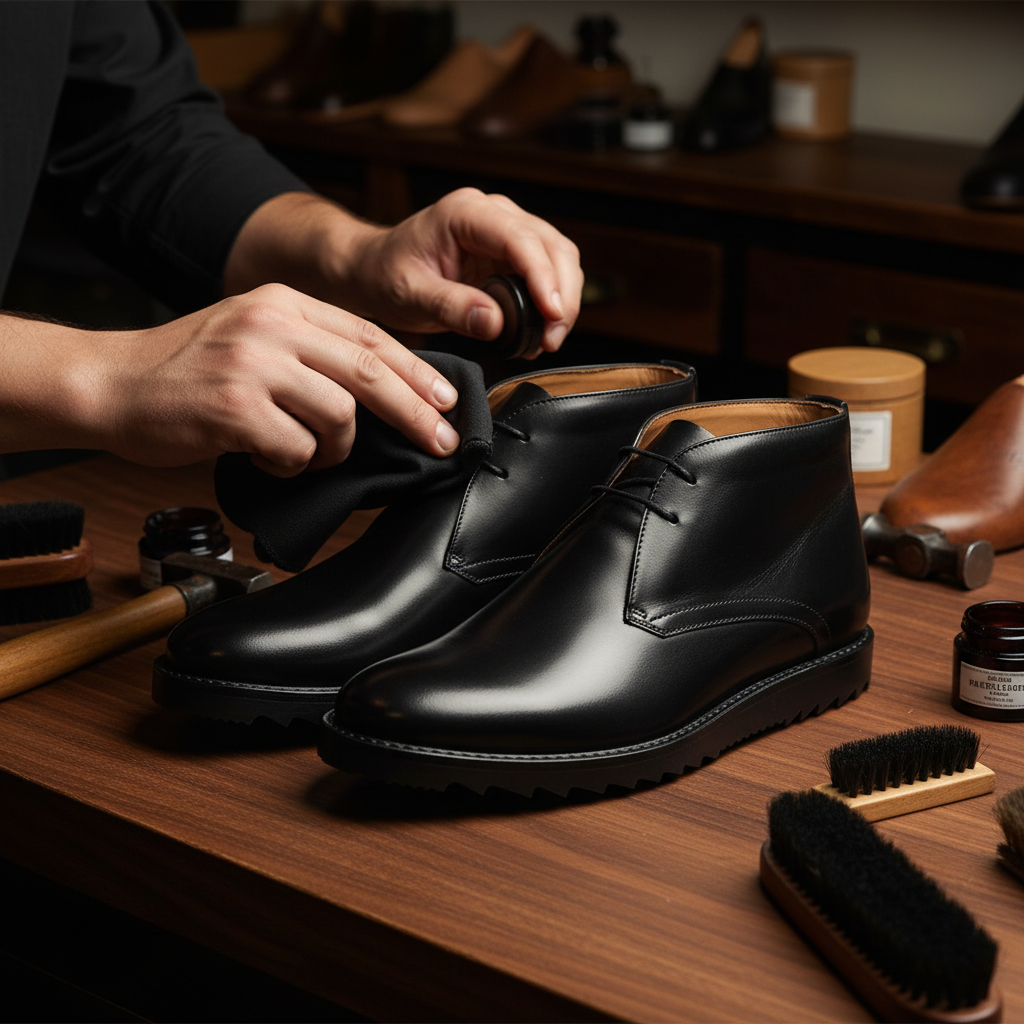 Skilled artisan applying premium wax and hand polishing luxury black leather desert boots