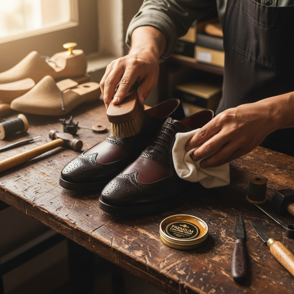Artisan hand polishing the Vincenzo Two Tone Wingtip Brogue Oxfords with premium wax during the final finishing process at Marvel Leather.