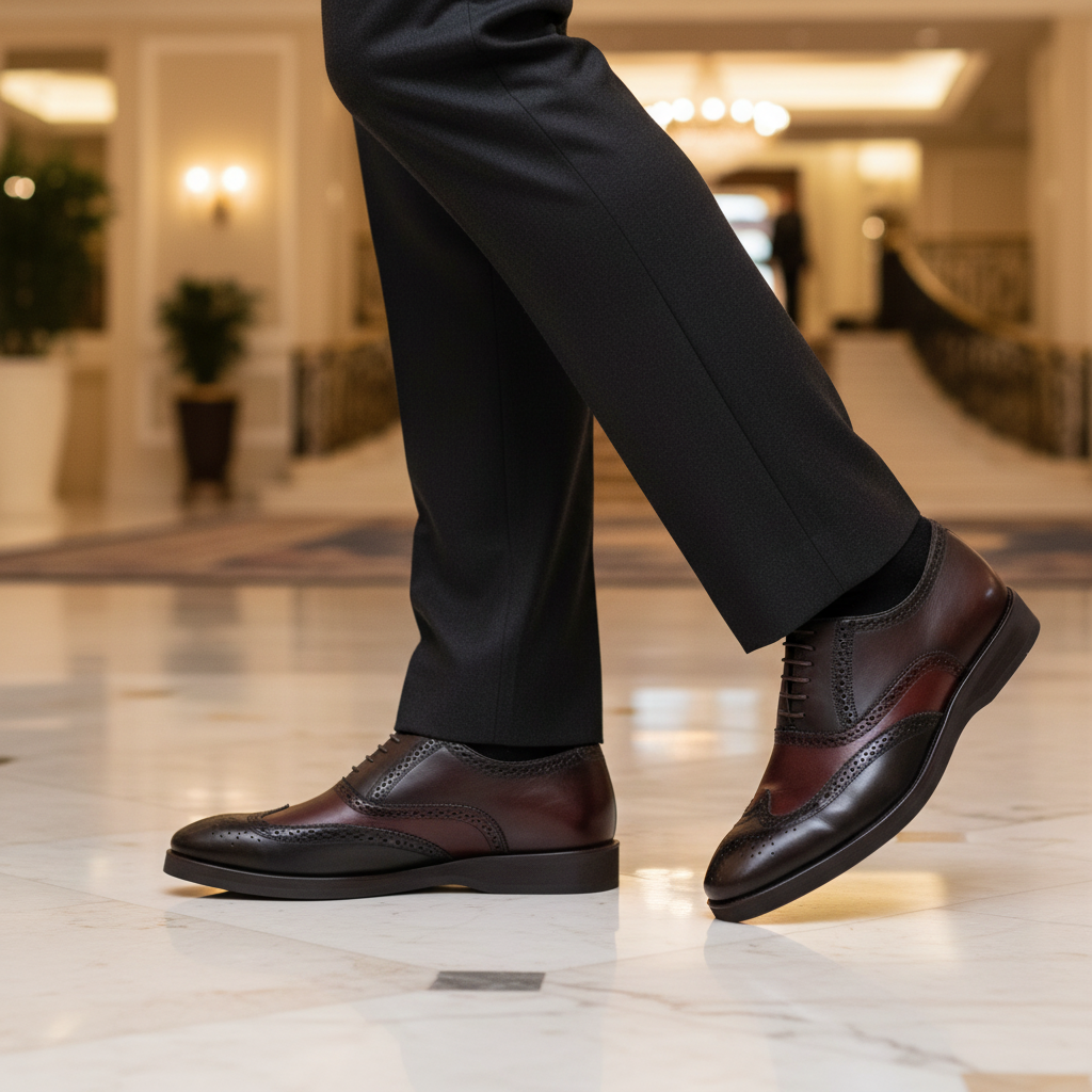 Luxury lifestyle image featuring the Vincenzo Two Tone Wingtip Brogue Oxfords handcrafted by Marvel Leather and worn in an elegant premium setting.