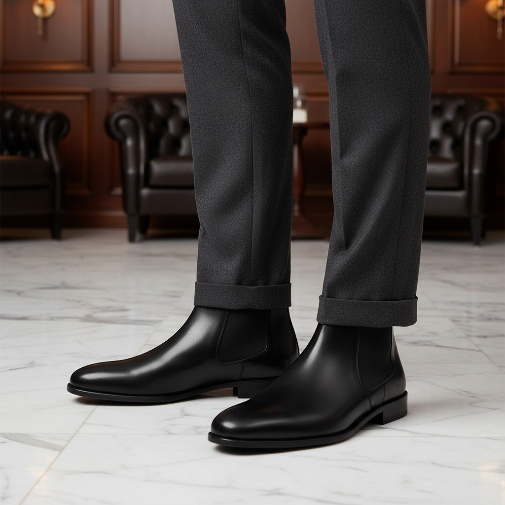 Luxury handmade black leather Chelsea ankle boots styled with tailored trousers in an elite old money setting
