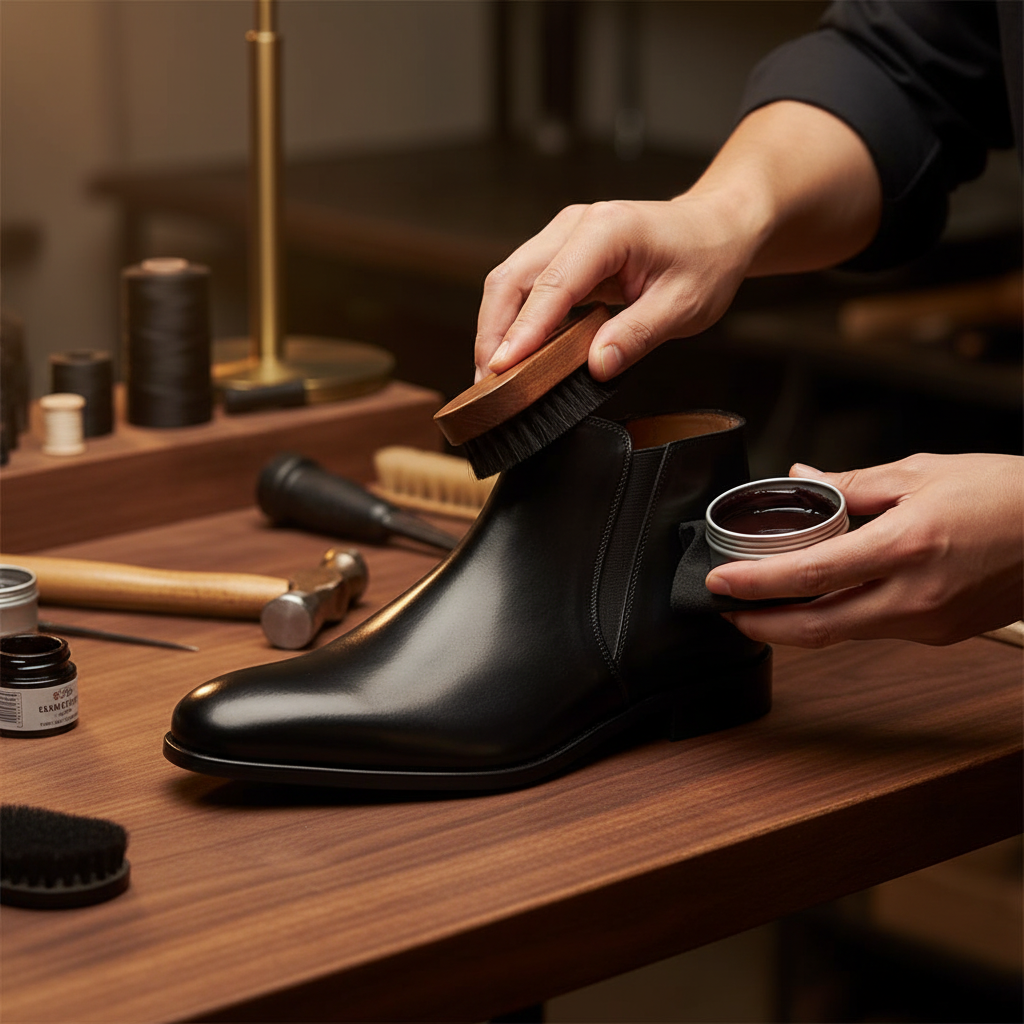 Skilled artisan applying premium wax and hand polishing luxury black leather Chelsea ankle boots