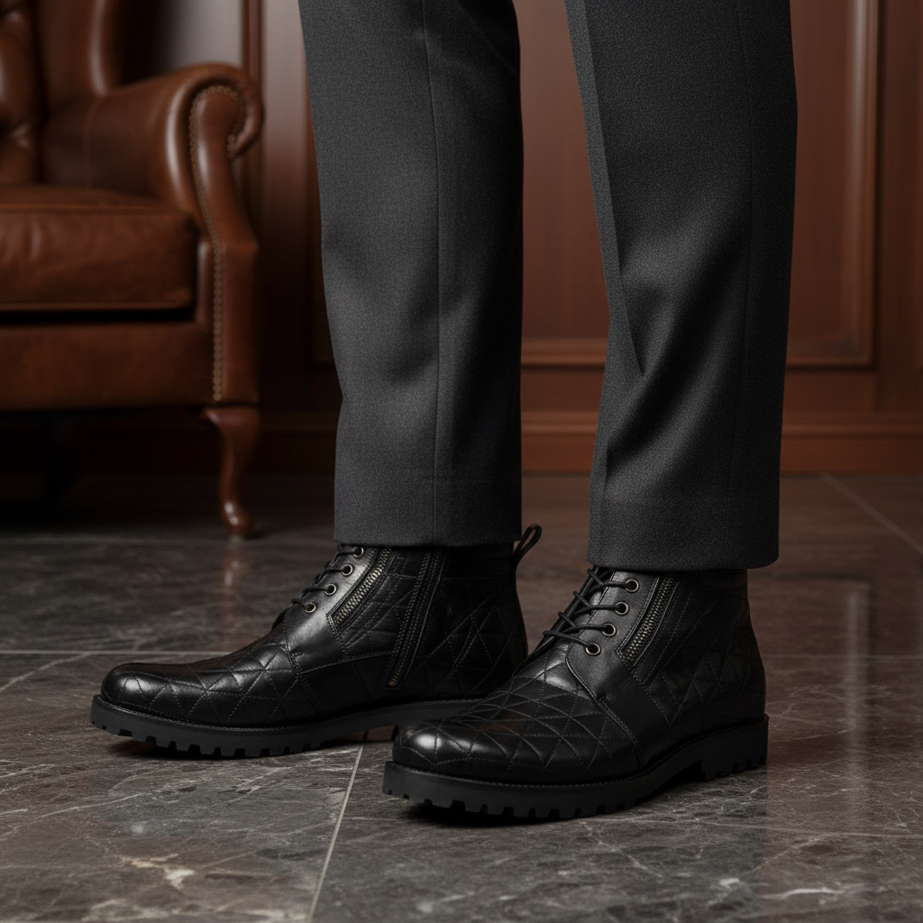 Luxury handmade Monarch quilted boots styled with tailored trousers in an elite old money setting
