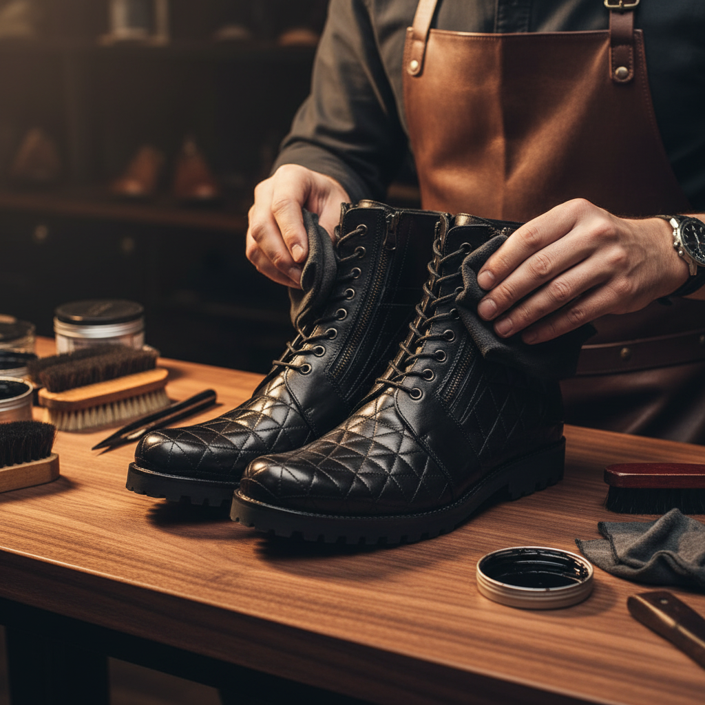 Skilled artisan applying premium wax and hand polishing luxury Monarch quilted leather boots
