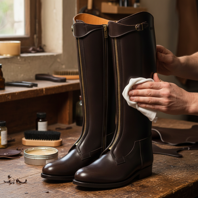 Artisan hand polishing The Windsor Cavalry Boot with premium wax during the final finishing process at Marvel Leather.
