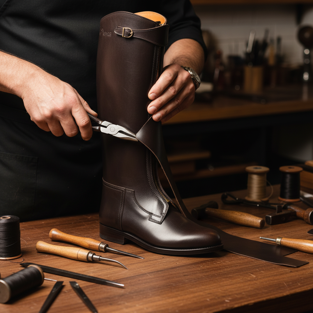 Experienced artisan handcrafting luxury leather cavalry long boots using traditional shoemaking techniques