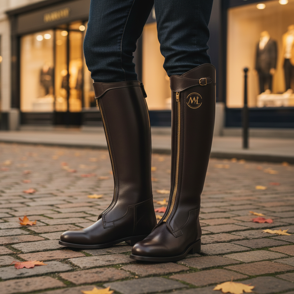 Luxury handmade leather cavalry long boots for men styled with tailored trousers in an elite old money setting