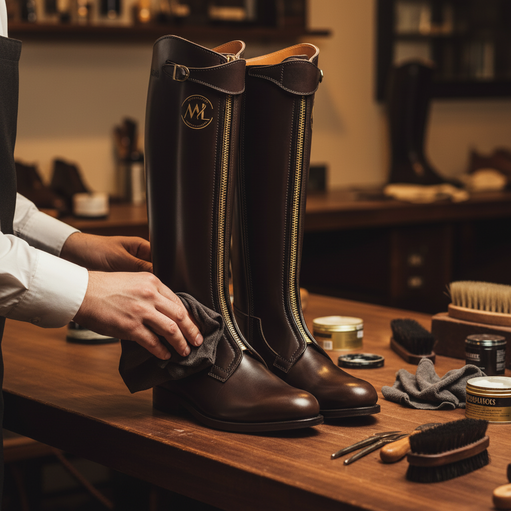 Skilled artisan applying premium wax and hand polishing luxury leather cavalry long boots