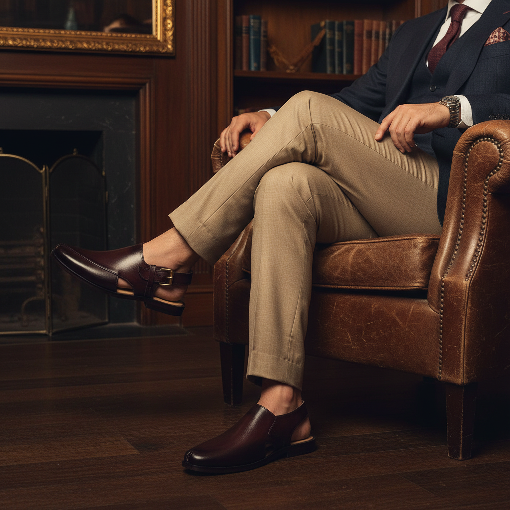 Luxury handmade maroon leather traditional sandals styled with tailored trousers in an old money setting