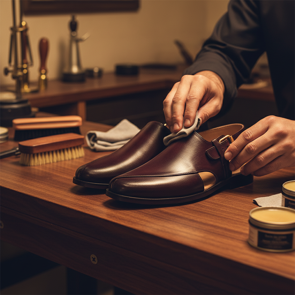 Skilled artisan applying premium wax and hand polishing to luxury maroon pure leather traditional sandals