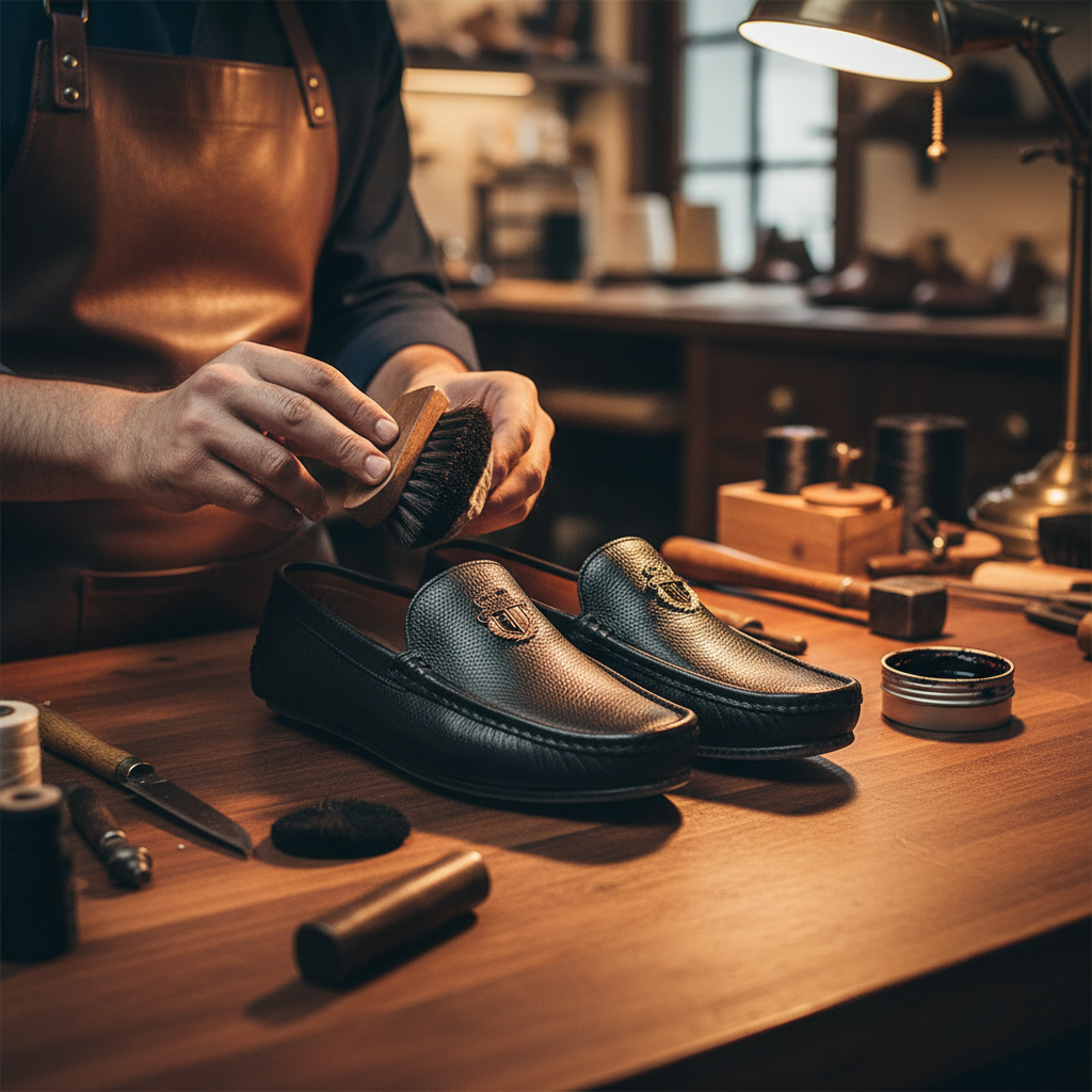 Skilled artisan applying premium polish to matching father and son black leather loafers